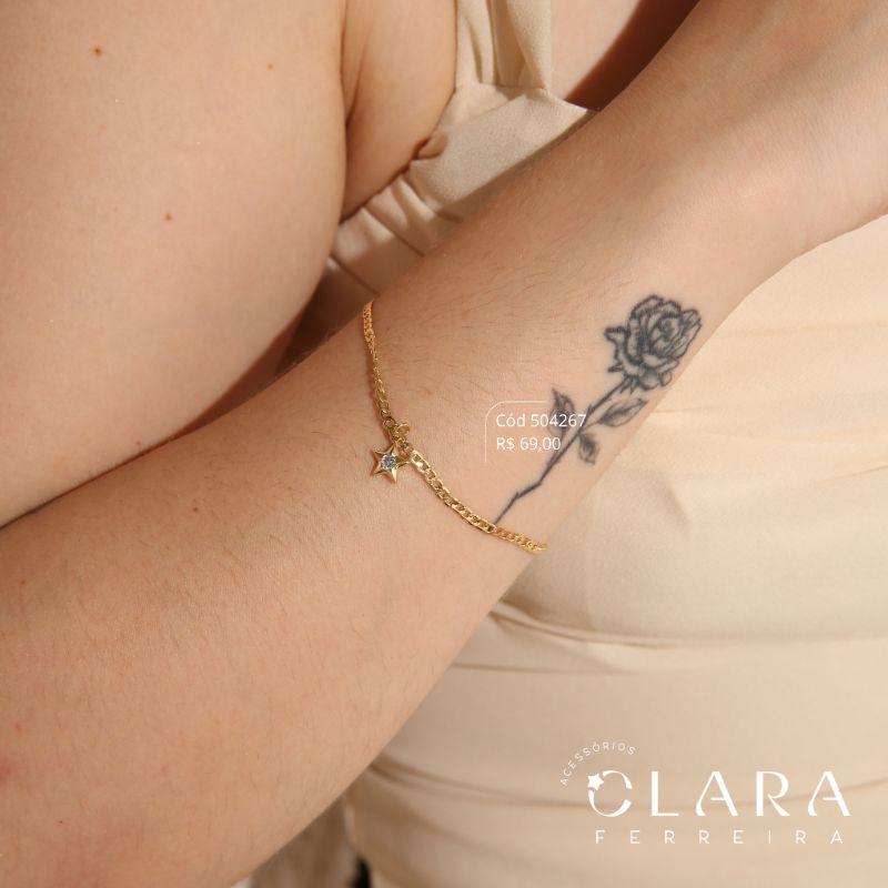 PULSEIRA GRUMET 1X1 C/ PINTENTE ESTRELA COM ZIRCONIA REDONDA NO CENTRO PEDURADA 8MM  - 17CM - Dourado