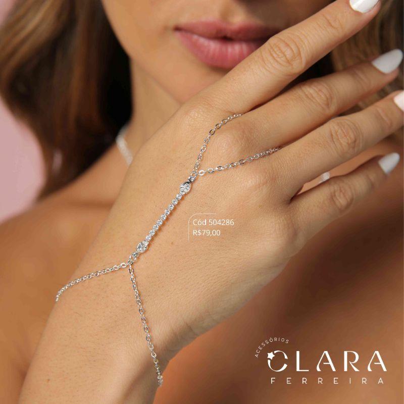 PULSEIRA HAND CHAIN ELOS C/ DETALHE RIVIERA  - PEÇA VENDIDA - Banho de Prata