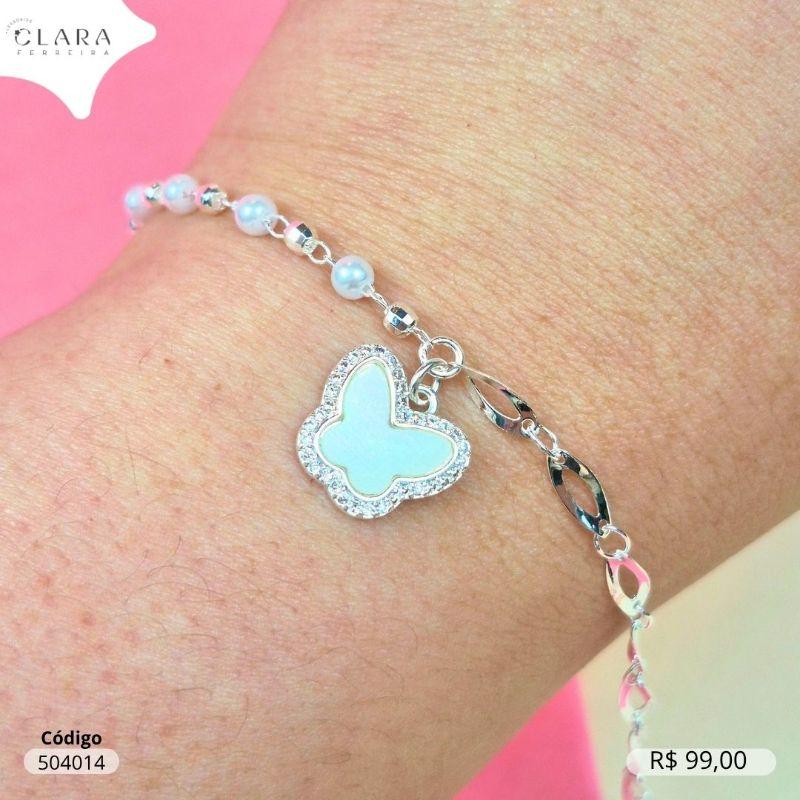 PULSEIRA PULSEIRA 2 MALHAS, METADE PEROLAS C/ BOLINHAS E METADE ELOS TORCIDOS  C/ PINGENTE DE BORBOLETA MADREPEROLA - 17 - Banho de Prata