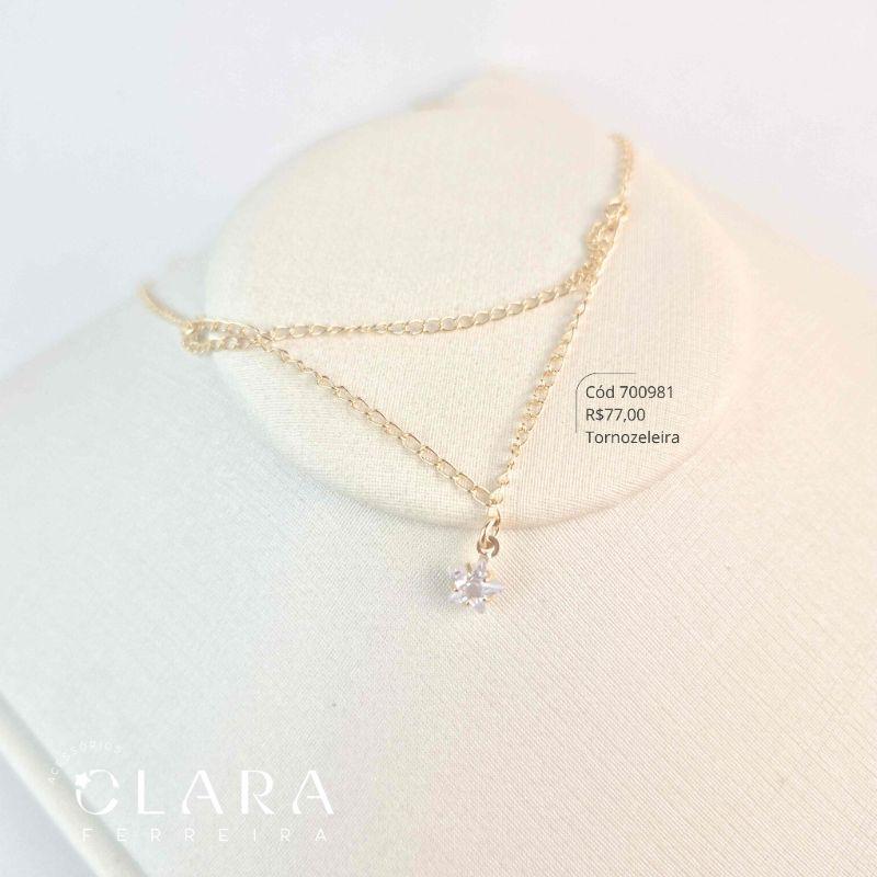 TORNOZELEIRA ELOS C/ MEIO DUPLO 2 FIOS ELOS E ZIRCÔNIA ESTRELA 5 PONTAS 5MM - 22CM - Dourado