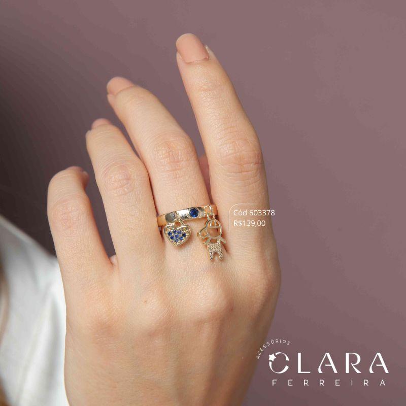 ANEL AJUSTAVEL C/ 1 MENINO E 1 CORAÇÃO MICROZIRCÔNIAS PENDURADOS  - Dourado