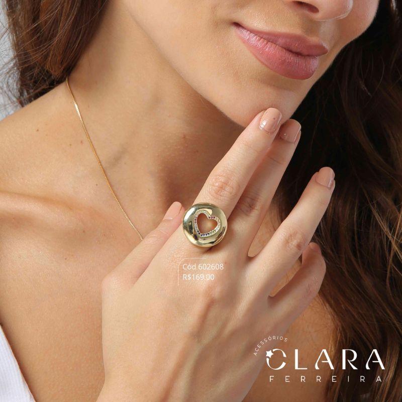 ANEL MAX BOTÃO C/ CORAÇÃO VAZADO ADORNADO MICROZIRCONIAS  - Dourado