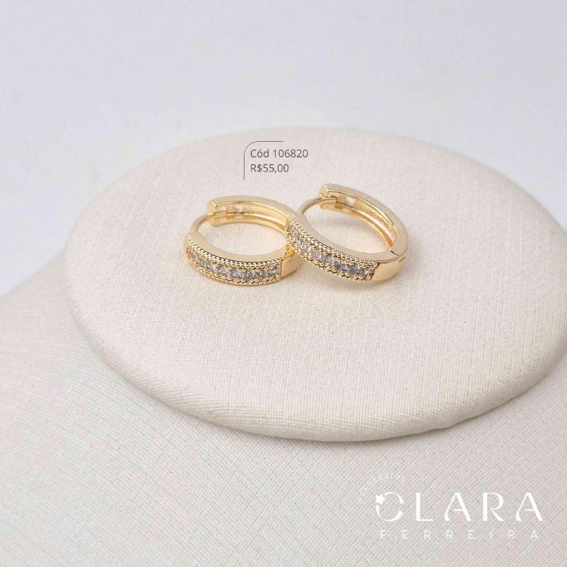 BRINCO ARGOLINHA CLICK 1 FILEIRA MICROZIRCONIA C/ BORDA  JATEADA - 15X3MM - Dourado