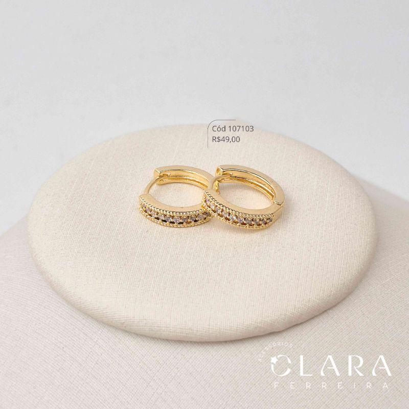 BRINCO ARGOLINHA CLICK 1 FILEIRA MICROZIRCONIA C/ LATERAL VAZADA - 13X3MM - Dourado