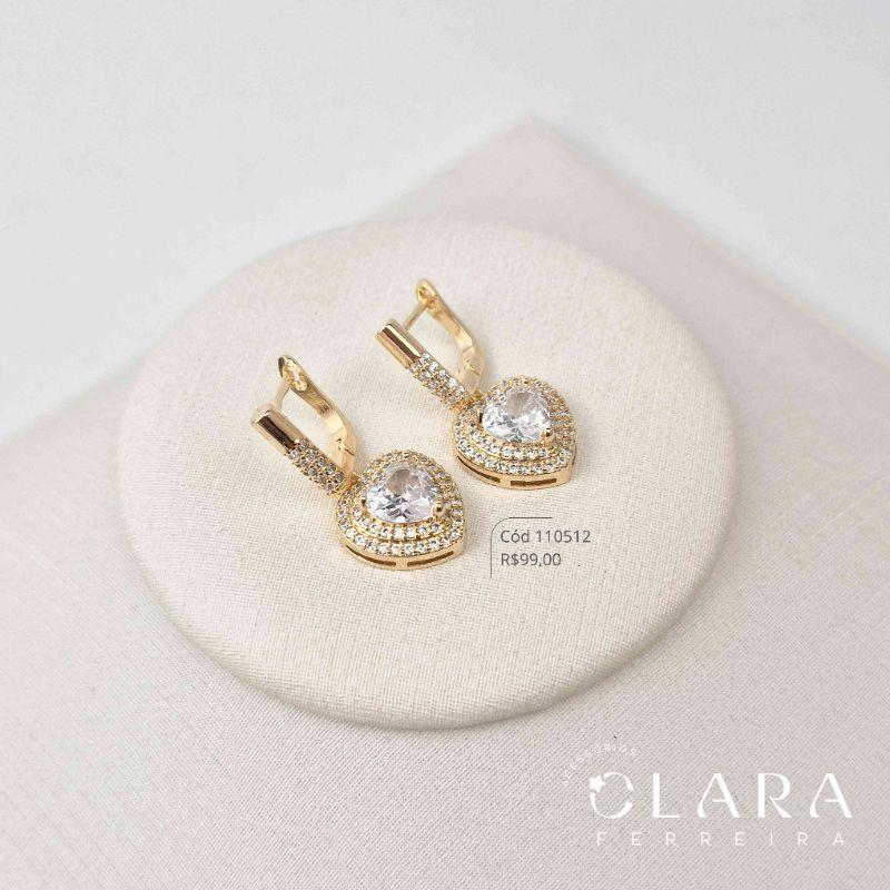 BRINCO ARGOLINHA CLICK C/ ZIRCÔNIA CORAÇÃO 5MM ADORNADA 2 FILEIRAS MICROZIRCÔNIAS - 12x2MM - Dourado