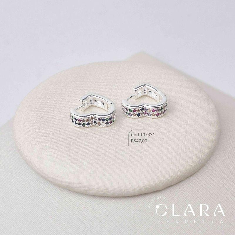 BRINCO ARGOLINHA CLICK CORAÇÃO 2 FILEIRAS MICROZIRCONAS - 12x4MM - BANHO DE PRATA