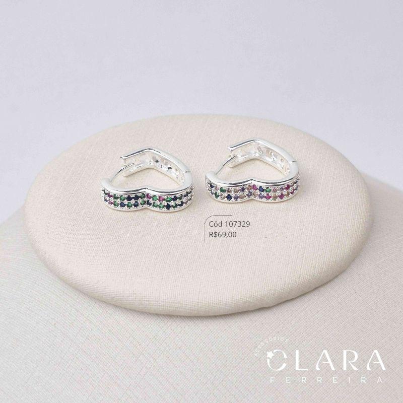 BRINCO ARGOLINHA CLICK CORAÇÃO 2 FILEIRAS MICROZIRCONAS - 17X4MM - BANHO DE PRATA
