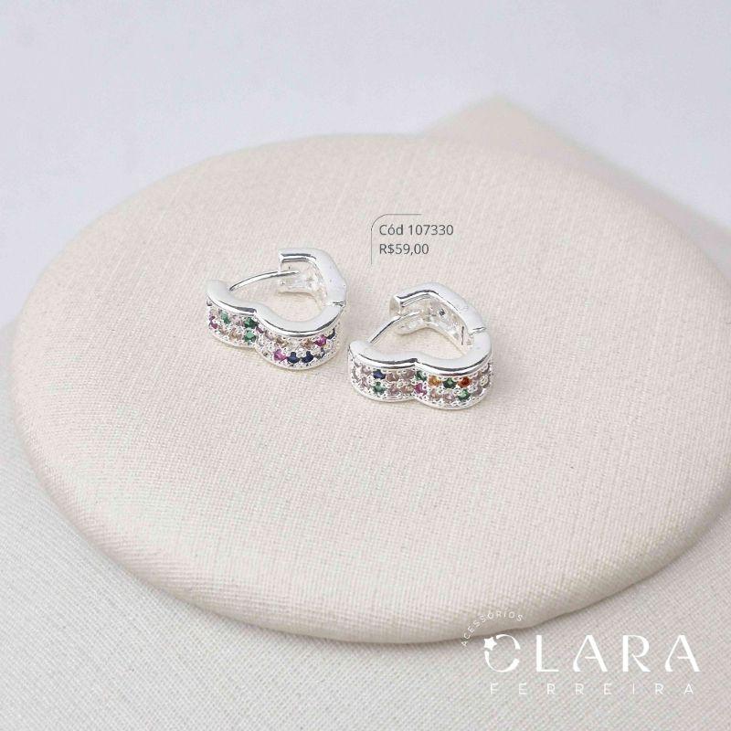 BRINCO ARGOLINHA CLICK CORAÇÃO 2 FILEIRAS MICROZIRCONIAS - 14x4MM - BANHO DE PRATA