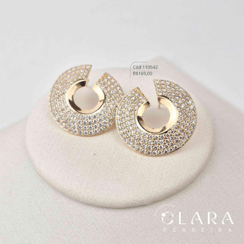 BRINCO CÍRCULO ESTILO PIZZA MICROZIRCÔNIAS - 25MM - Dourado
