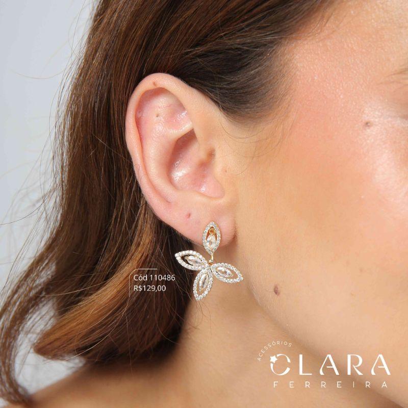 BRINCO EAR JACKET FOLHAS ZIRCÔNIA NAVETE ADORNADAS MICROZIRCÔNIAS - PEÇA EXCLUSIVA- Dourado
