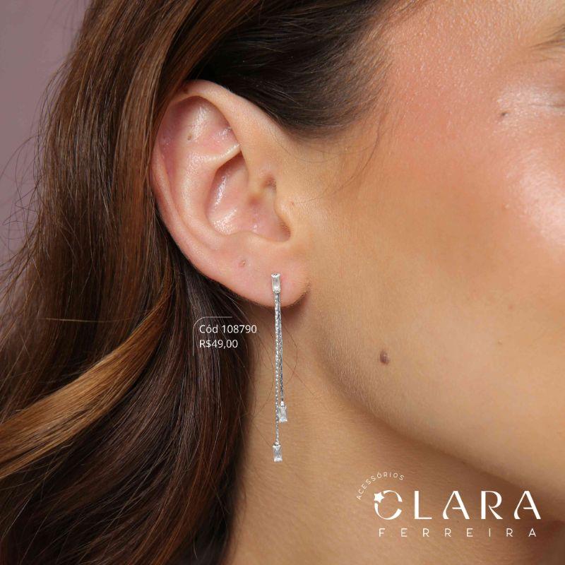 BRINCO FRANJA 2 FIOS C/ ZIRCONIAS BAGUETE 5MM NAS PONTAS E NA BASE ZIRCONIA  - Banho de Prata