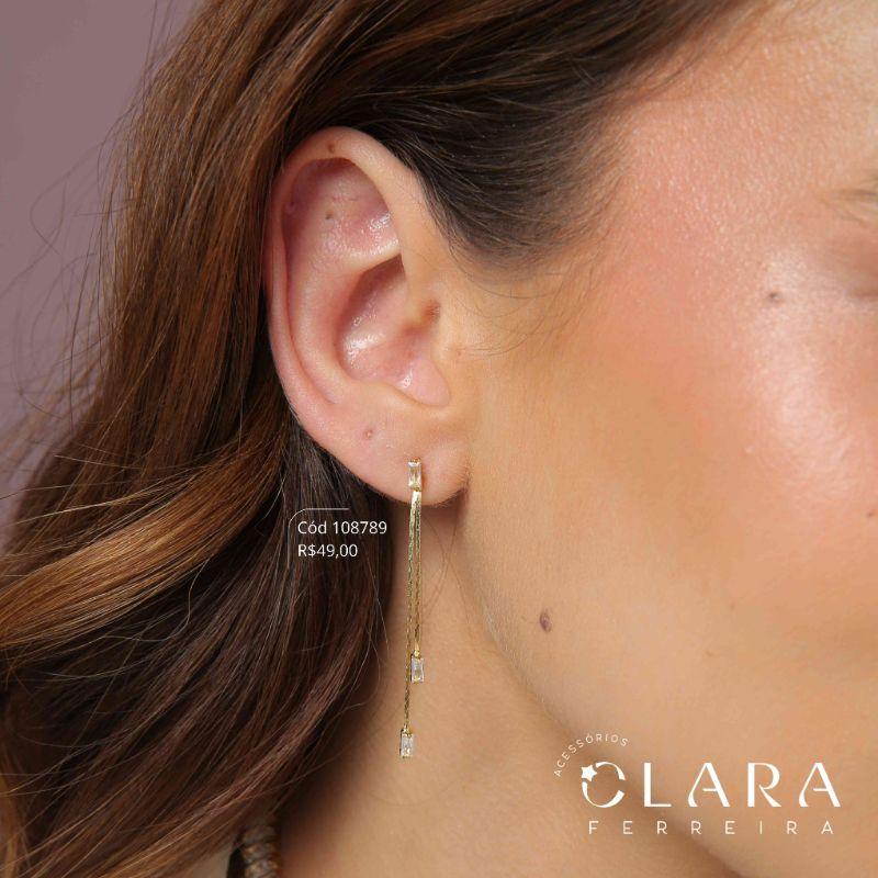 BRINCO FRANJA 2 FIOS C/ ZIRCONIAS BAGUETE 5MM NAS PONTAS E NA BASE ZIRCONIA  - Dourado