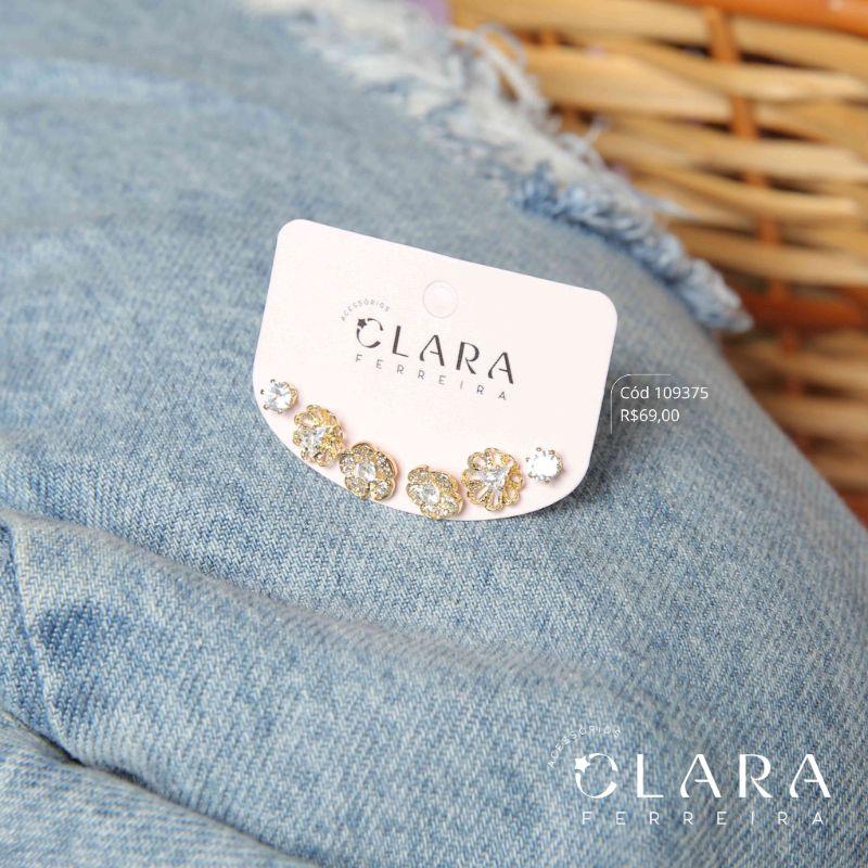 BRINCO KIT TRIO 3 BRINCOS MISTOS, 1 FLOR VAZADA 8MM C/ MIOLO ZIRCONIA TRIANGULO 4MM, 1 FLOR MICROZIRCONIAS 8MM E 1 PONTO DE LUZ ZIRCONIA REDONDA 3MM CAIXA COROA 6 GARRAS - Dourado