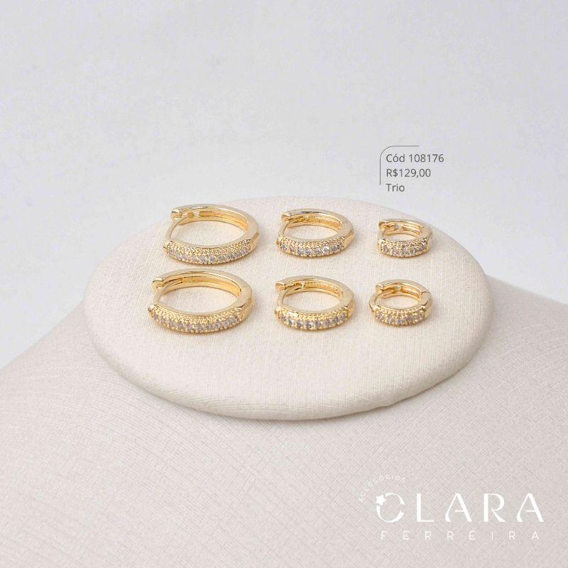 BRINCO KIT TRIO ARGOLINHA CLICK 1 FILEIRA MICROZIRCONIAS C/ BORDA  JATEADA 10,13 E 16X3MM - Dourado