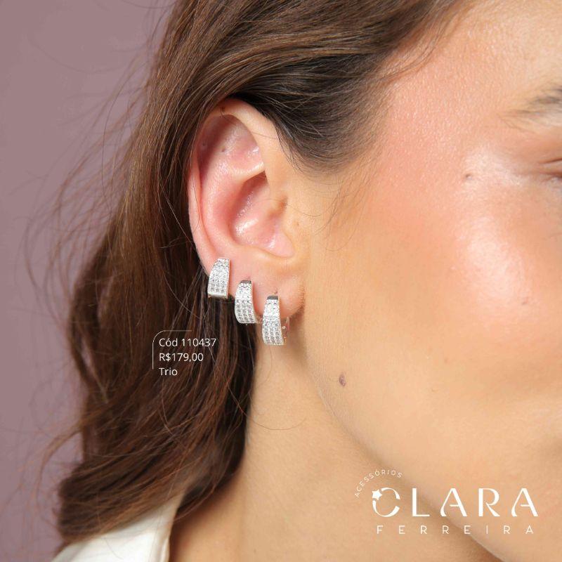 BRINCO KIT TRIO ARGOLINHA CLICK GOTA 3 FILEIRAS MICROZIRCÔNIAS - 10, 13 E 15X5MM - Banho de Prata