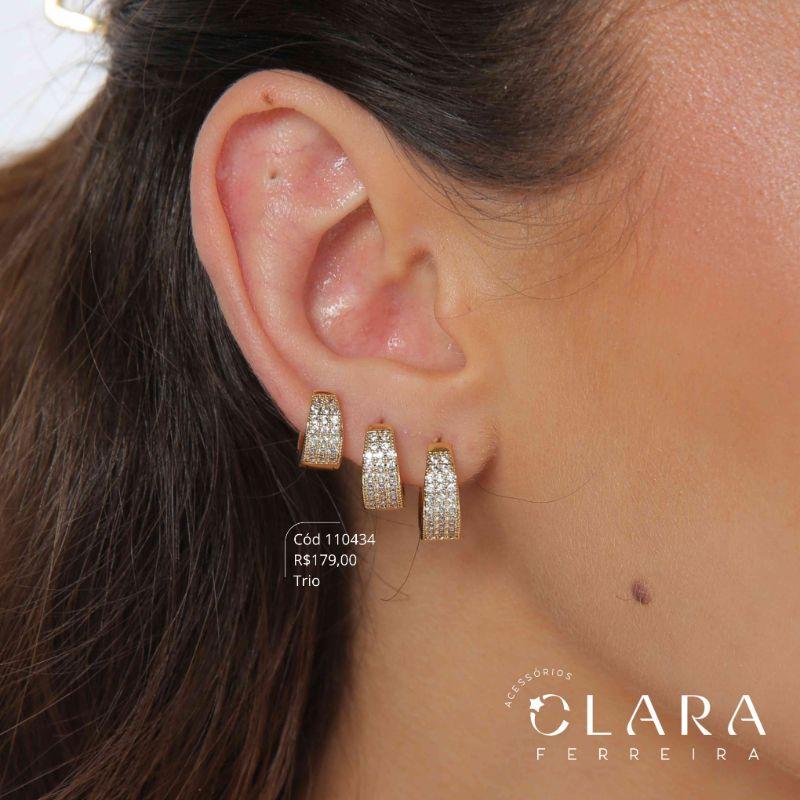 BRINCO KIT TRIO ARGOLINHA CLICK GOTA 3 FILEIRAS MICROZIRCÔNIAS - 10, 13 E 15X5MM - Dourado