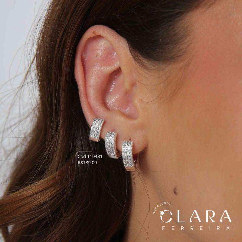 BRINCO KIT TRIO ARGOLINHAS CLICK 3 FILEIRAS MICROZIRCÔNIAS - 10, 13 E 15X5MM - Banho de Prata