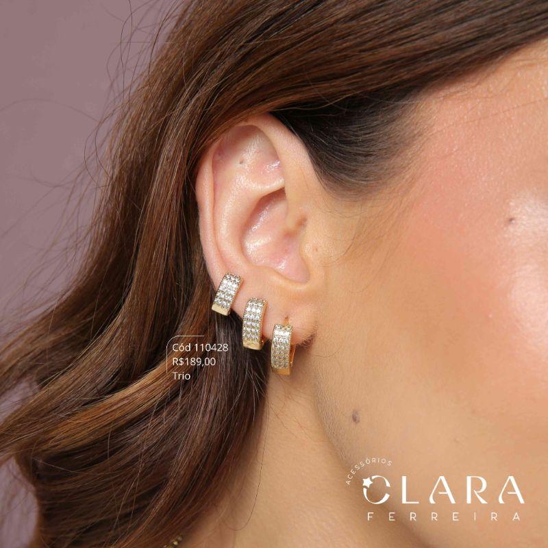 BRINCO KIT TRIO ARGOLINHAS CLICK 3 FILEIRAS MICROZIRCÔNIAS - 10, 13 E 15X5MM - Dourado