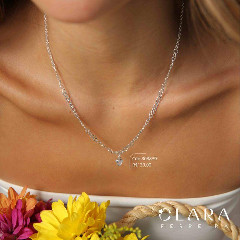 COLAR CHOKER ELOS PORTUGUÊS C/ MEIO ELOS CORAÇÕES ENTRELAÇADOS TRIBAL C/ TIFFANY CORAÇÃO 5MM PENDURADA - 40+5CM - Banho de Prata