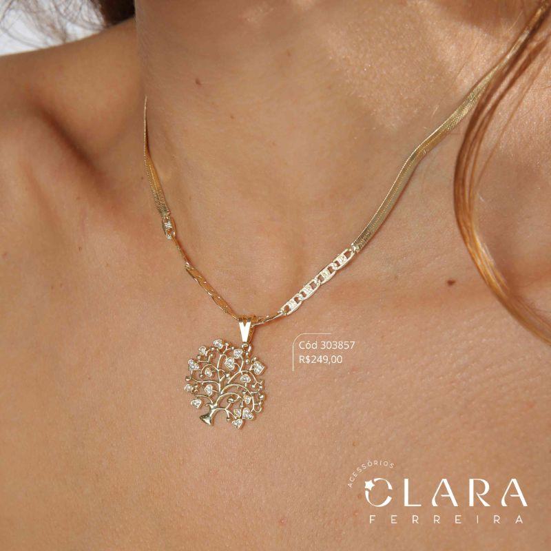 COLAR CHOKER FITA 3MM C/ MEIO MALHA PIESTRINE JATEADO E PINGENTE MANDALA ARVORE DA VIDA FOLHAS MICROZIRCÔNIAS VAZADA - 20MM - 40CM - Dourado