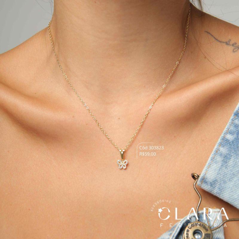 COLAR ELOS C/ PINGENTE BORBOLETA MICROZIRCÔNIAS VAZADA - 8MM - 45CM - Dourado