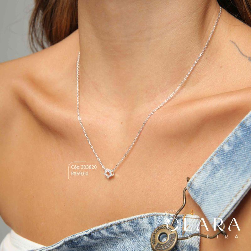 COLAR ELOS C/ PINGENTE ESTRELA MICROZIRCÔNIAS VAZADA - 7MM - 45CM - Banho de Prata