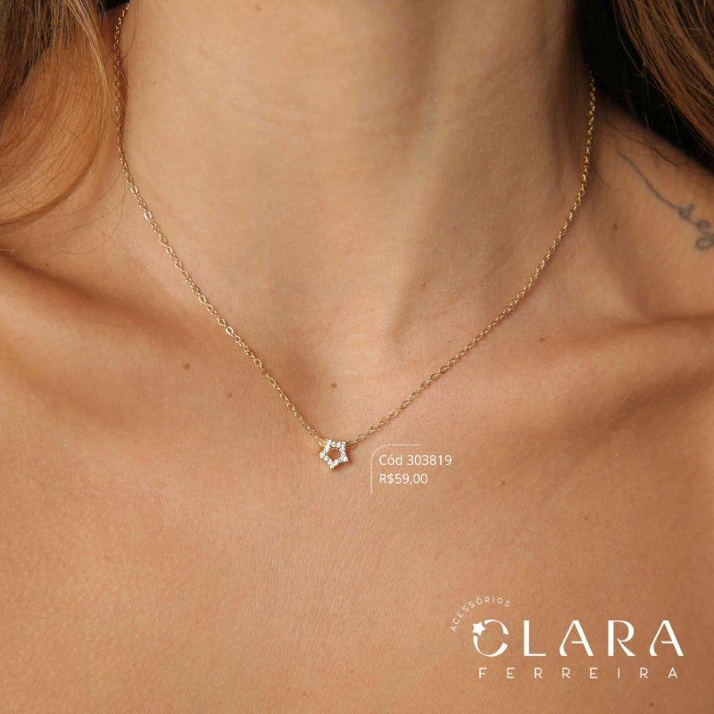 COLAR ELOS C/ PINGENTE ESTRELA MICROZIRCÔNIAS VAZADA - 7MM - 45CM - Dourado