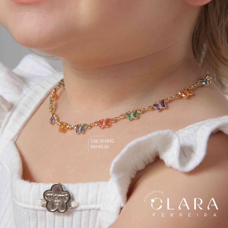 COLAR INFANTIL ELOS C/ 13 TIFFANYS BORBOLETAS COLORIDAS SALADINHA  FIXAS - 5MM - 40CM - Dourado