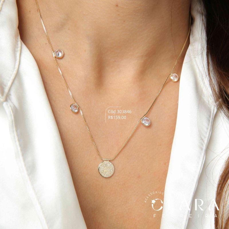 COLAR VENEZIANA C/ 4 TIFFANYS REDONDAS E 1 MEDALHA REDONDA MANUSCRITA PAI NOSSO FIXAS - 11MM - 45CM - Dourado