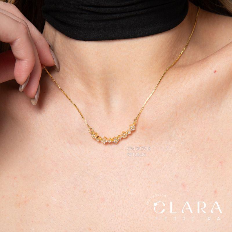 COLAR VENEZIANA C/ PINGENTE 5 CHUVEIRINHOS QUADRADOS MICROZIRCÔNIAS FIXOS - 4MM - 45CM - Dourado