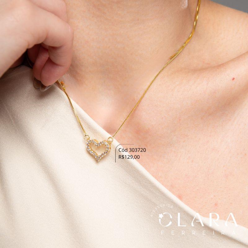 COLAR VENEZIANA C/ PINGENTE CORAÇÃO VAZADO 1 FILEIRA MICROZIRCÔNIAS - 14MM - 45CM - Dourado