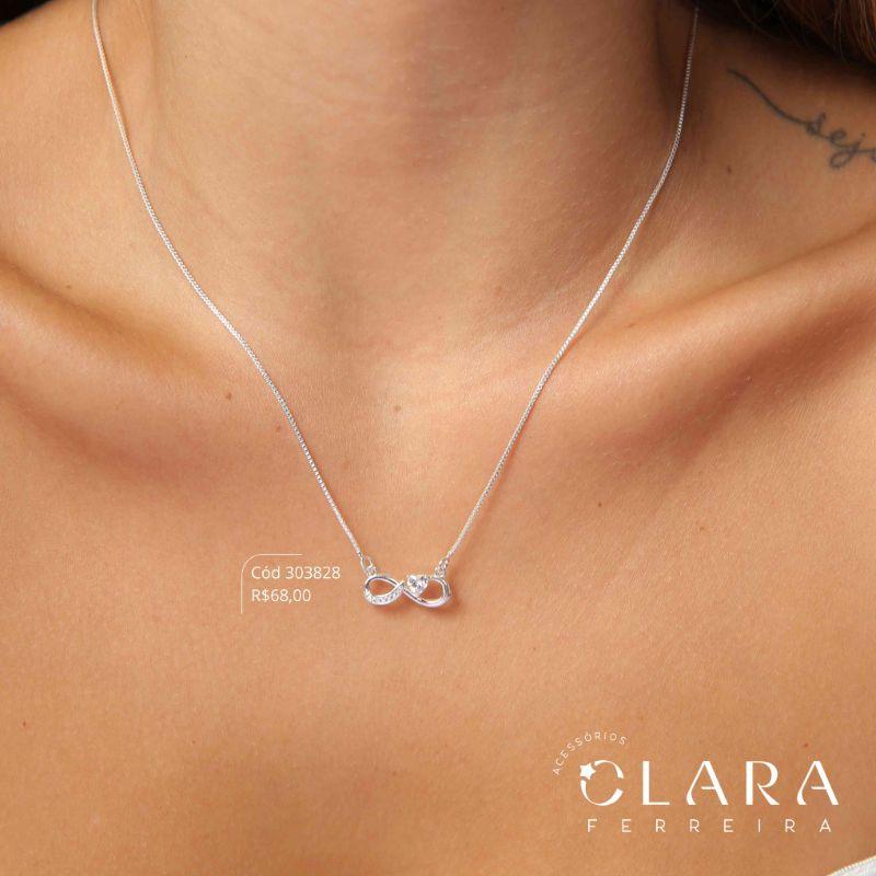 COLAR VENEZIANA C/ PINGENTE INFINITO 1 LADO MICROZIRCÔNIAS E 1 LADO LISO C/ 1 ZIRCÔNIA CORAÇÃO 3MM - 17MM - 45CM - Banho de Prata