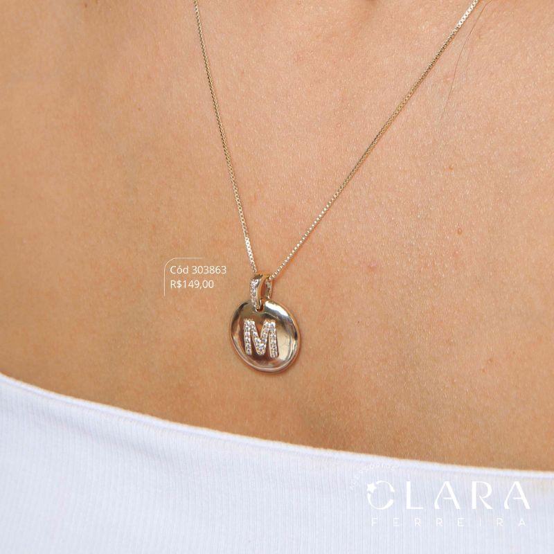 COLAR VENEZIANA C/ PINGENTE MEDALHA REDONDA LISA C/ LETRA MICROZIRCÔNIAS - 16MM - 45CM - Dourado
