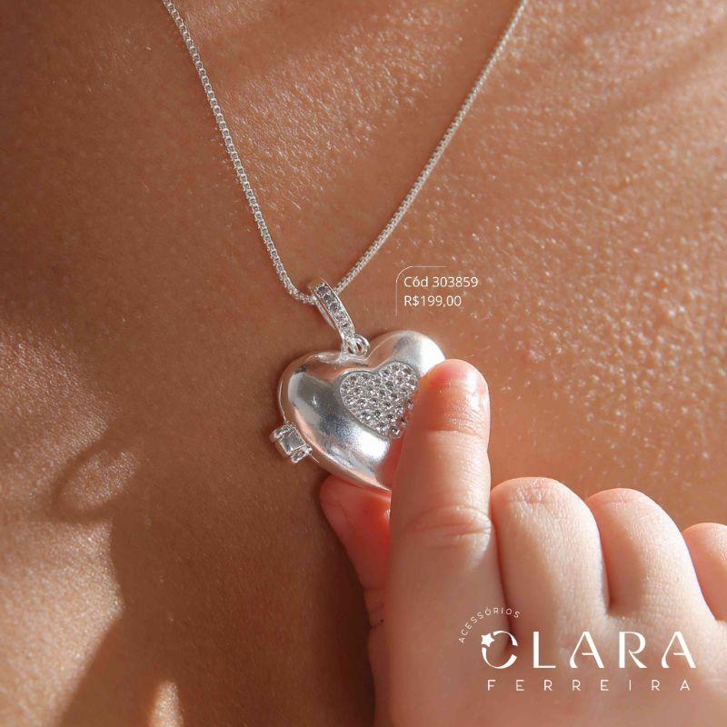 COLAR VENEZIANA C/ PINGENTE RELICÁRIO CORAÇÃO CORAÇÃO MICROZIRCÔNIAS - 20MM - 45CM - Banho de Prata