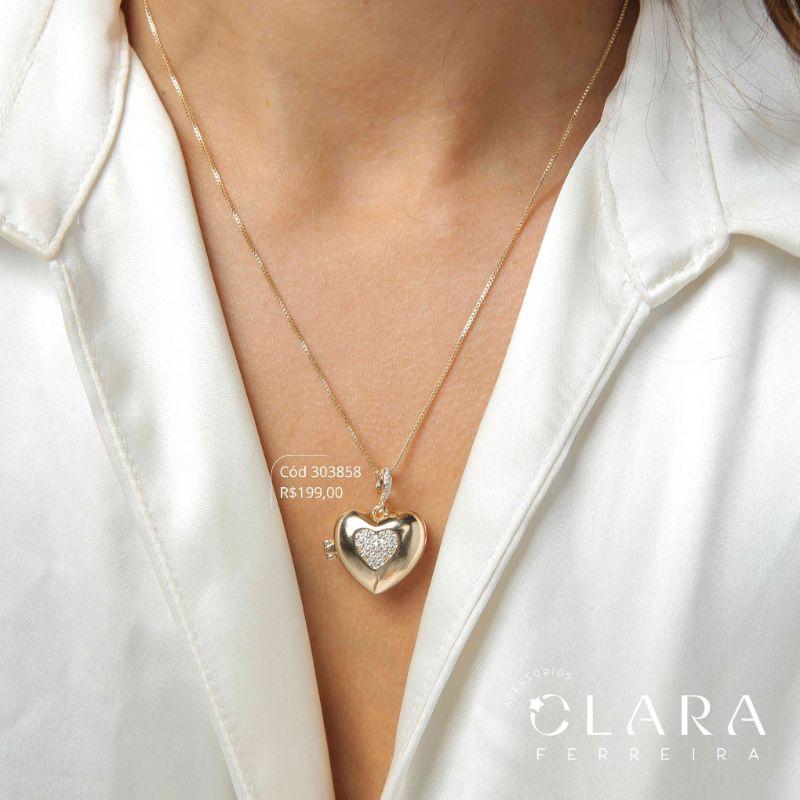 COLAR VENEZIANA C/ PINGENTE RELICÁRIO CORAÇÃO CORAÇÃO MICROZIRCÔNIAS - 20MM - 45CM - Dourado