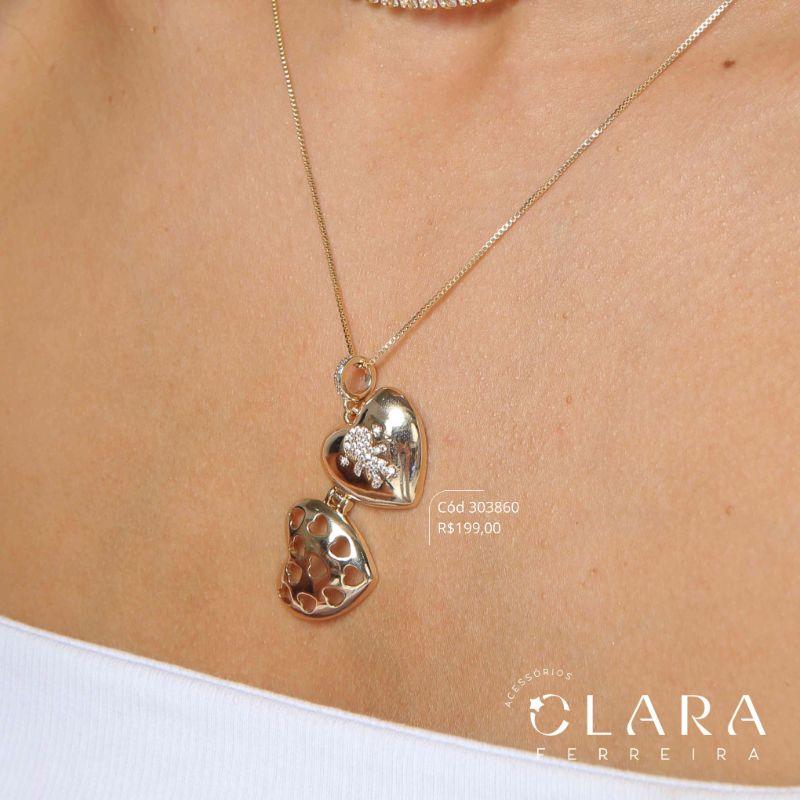 COLAR VENEZIANA C/ PINGENTE RELICÁRIO CORAÇÃO MENINA MICROZIRCÔNIAS - 20MM - 45CM - Dourado