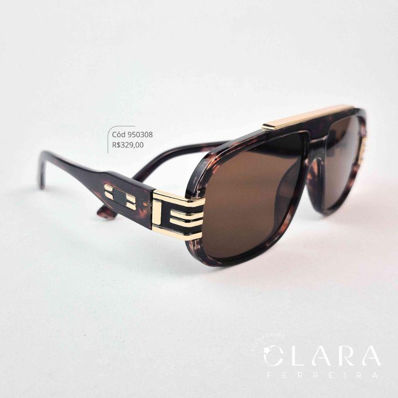 Óculos Solar MÁSCARA C/ HASTES COM DETALHE EM METAL – INSPIRAÇÃO GUCCI - Lente Resina - LH279-MARROM