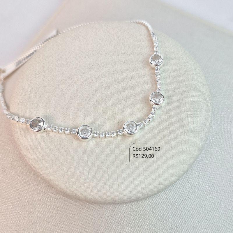 PULSEIRA AJUSTÁVEL VENEZIANA 2MM C/ MEIO RIVIERA E 5 ZIRCÔNIAS REDONDAS 6MM, CAIXA FUNDIDA - Banho de Prata