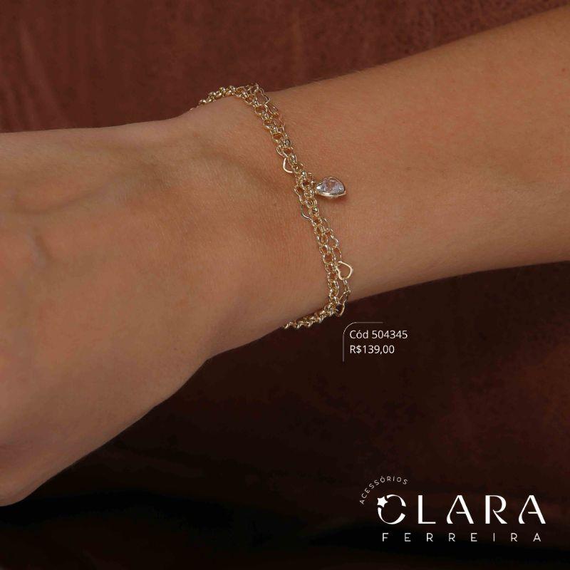 PULSEIRA DUPLA: 1 FIO ELOS CORAÇÕES E 1 FIO ELOS PORTUGUÊS C/ 1 TIFFANY CORAÇÃO PENDURADA - 17CM - Dourado