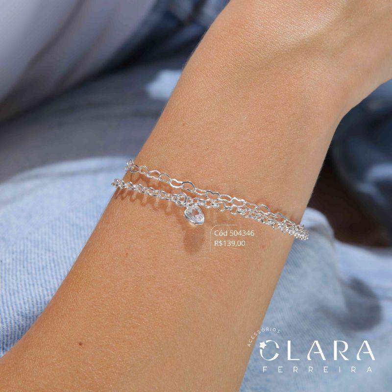 PULSEIRA DUPLA: 1 FIO ELOS CORAÇÕES E 1 FIO ELOS PORTUGUÊS C/ 1 TIFFANY CORAÇÃO PENDURADA - 17CM - PEÇA EXCLUSIVA -Banho de Prata