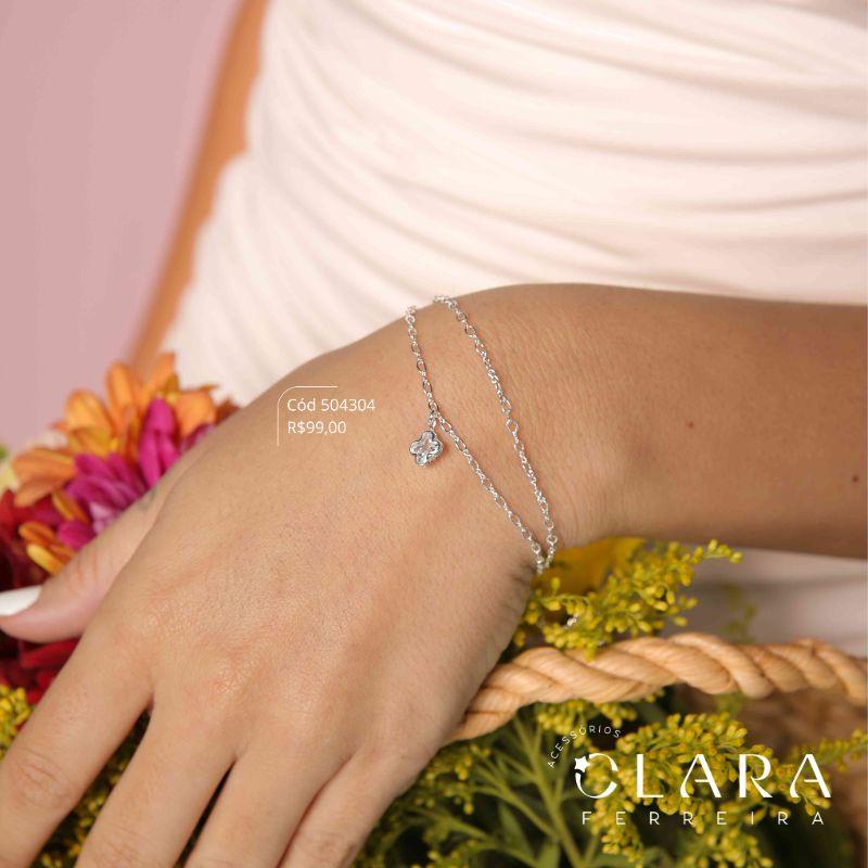 PULSEIRA DUPLA: 2 FIOS ELOS C/ 1 TIFFANY FLOR PENDURADA - 8MM - 17CM - Banho de Prata