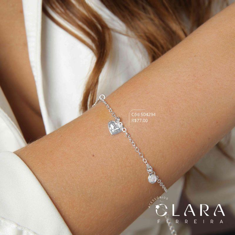 PULSEIRA ELOS C/ 1 MEDALHA CORAÇÃO ESPÍRITO SANTO, 1 FÉ E 1 TIFFANY REDONDA PENDURADOS - 17CM - Banho de Prata