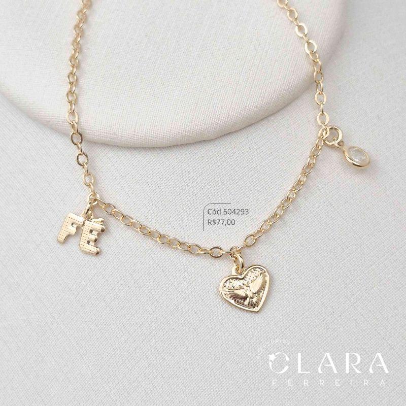 PULSEIRA ELOS C/ 1 MEDALHA CORAÇÃO ESPÍRITO SANTO, 1 FÉ E 1 TIFFANY REDONDA PENDURADOS - 17CM - Dourado