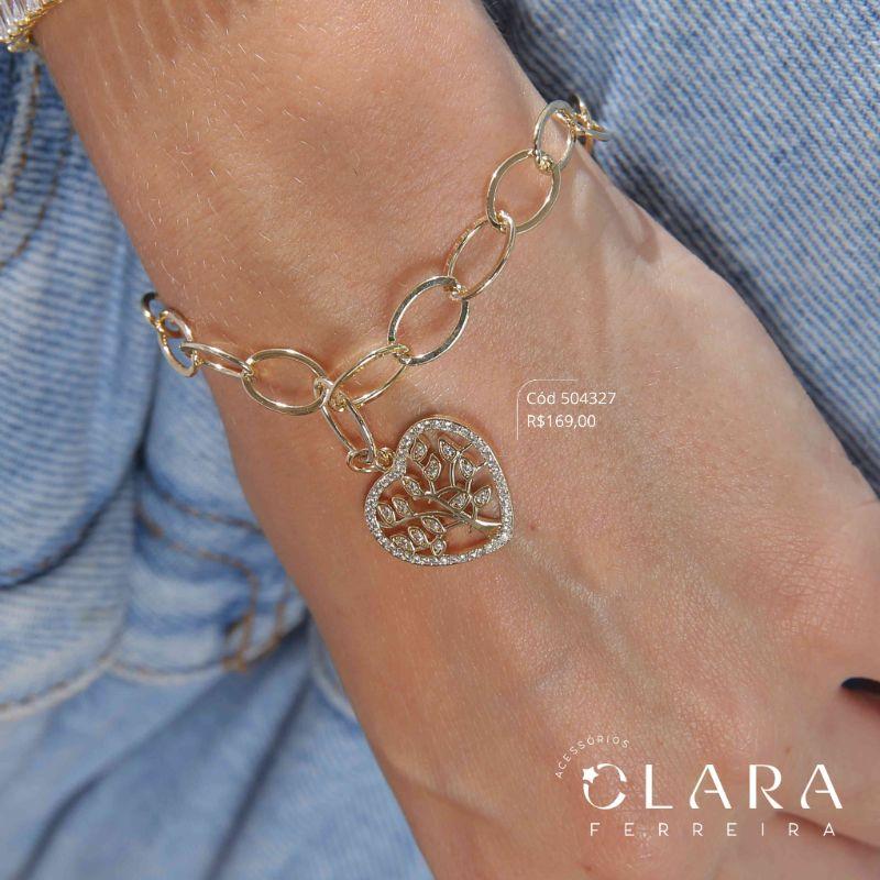 PULSEIRA ELOS CADEADO C/ MANDALA VAZADA ÁRVORE DA VIDA C/ FOLHAS MICROZIRCÔNIAS ADORNADA C/ MICROZIRCÔNIAS - 18MM - 17CM - PEÇA EXCLUSIVA -Dourado