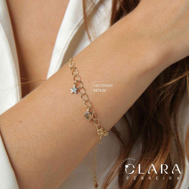 PULSEIRA ELOS JATEADOS C/ 1 ESTRELA 6MM, 1 CORAÇÃO 6MM E 1 LUA 6MM PENDURADOS - 17CM - Dourado