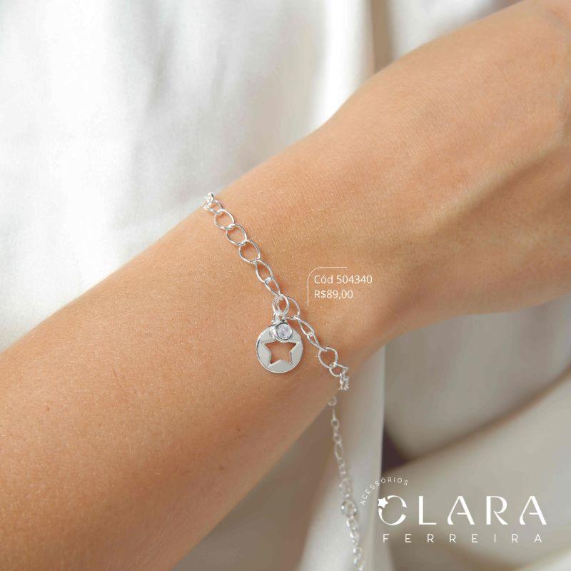 PULSEIRA ELOS JATEADOS C/ 1 MEDALHA VAZADA ESTRELA 11MM E 1 TIFFANY REDONDA PENDURADAS - 17CM - Banho de Prata