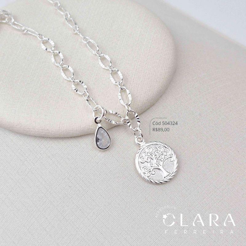 PULSEIRA ELOS JATEADOS C/ MEDALHA REDONDA ÁRVORE DA VIDA 13MM E 1 TIFFANY GOTA 6MM PENDURADAS - 17CM - Banho de Prata