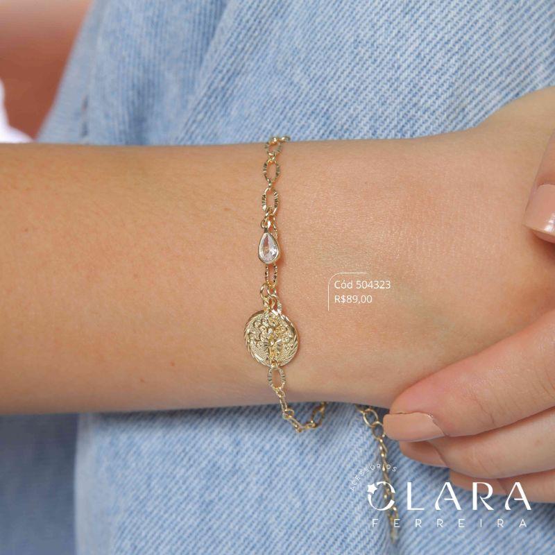 PULSEIRA ELOS JATEADOS C/ MEDALHA REDONDA ÁRVORE DA VIDA 13MM E 1 TIFFANY GOTA 6MM PENDURADAS - 17CM - Dourado