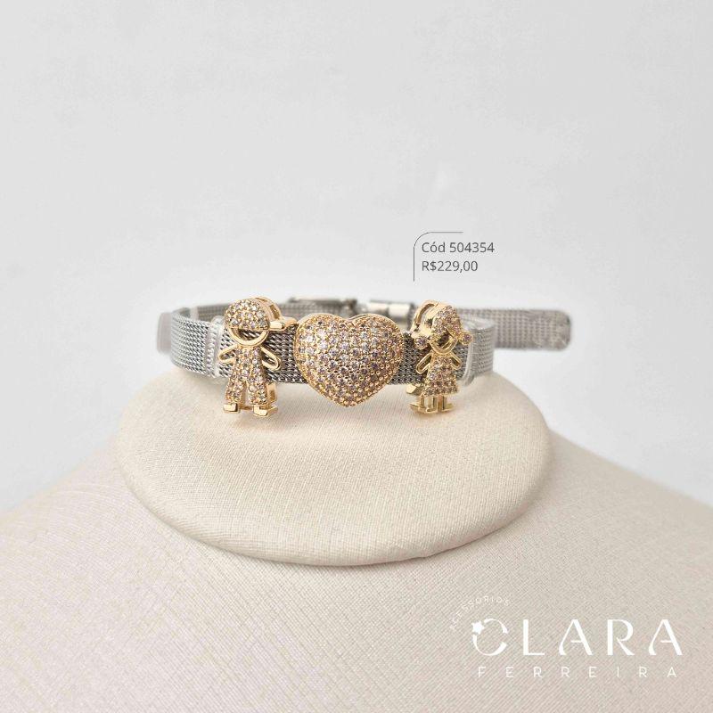 PULSEIRA ESTILO RELÓGIO MALHA PIPOCA C/ CASAL DE FILHOS MICROZIRCÔNIAS 16MM C/ CORAÇÃO MICROZIRCÔNIAS 13MM – INSPIRAÇÃO VIVARA - 19CM - Aço