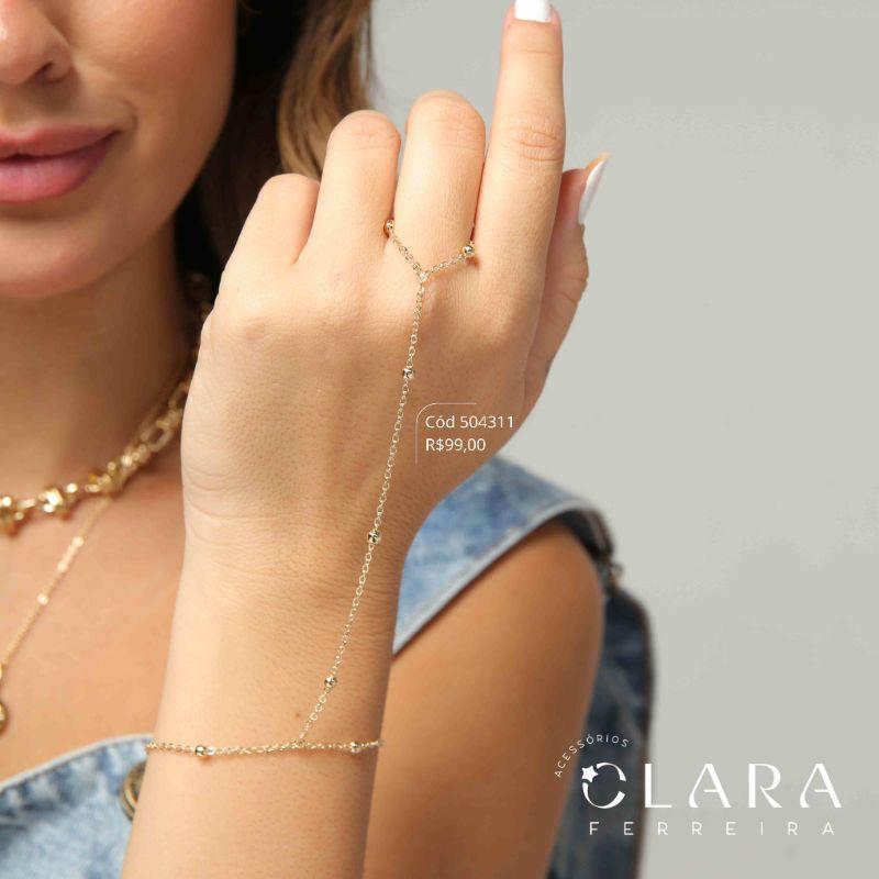 PULSEIRA HAND CHAIN ELOS C/ BOLINHAS FIXAS  - 3MM - 17CM - PEÇA VENDIDA - Dourado